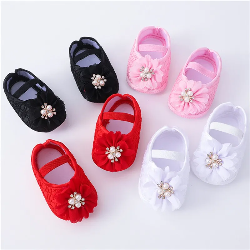 0-18months Baby Girls Shoes And Headband Soft Sole Non-Slip Pearl Flower Princess Wedding Dress Crib Shoes For Newborn Girls 5