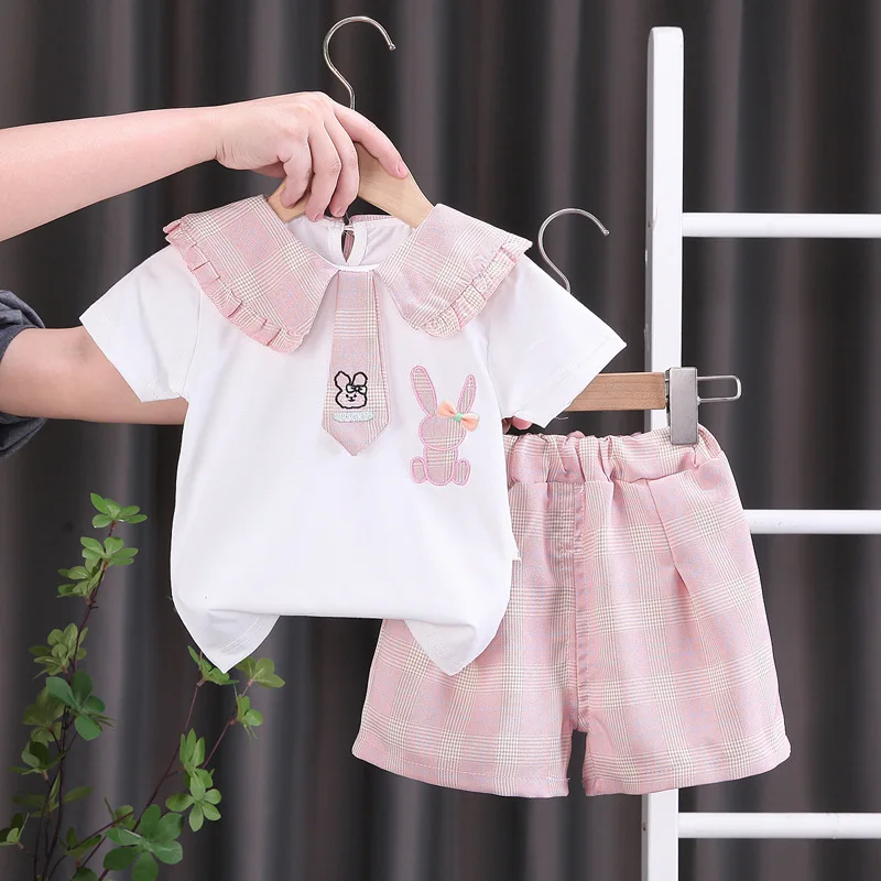 

New Summer Girls Clothing Set Cartoon Rabbit Casual T-shirt + Short Pants 2Pcs Suit For Kids Children Birthday Present