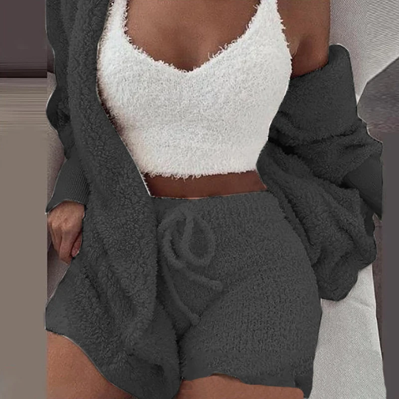 co ord sets women Three Piece Sexy Fluffy Outfits Plush Velvet Hooded Cardigan Coat+Shorts+Crop Top Women Tracksuit Sets Casual Sports Sweatshirt shorts co ord