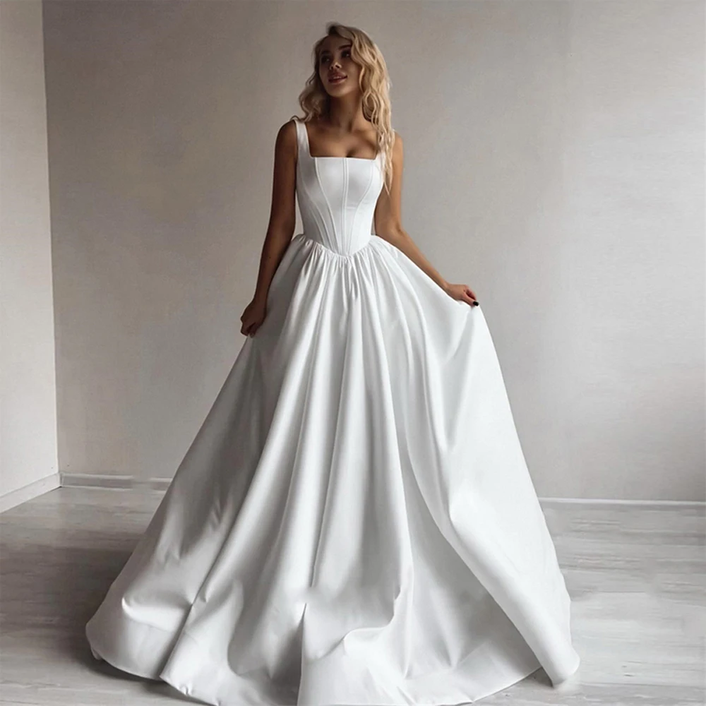 Simple Satin Women Wedding Dresses Sexy Backless A-Line Formal Party Sleeveless Floor Mopping Vestidos De Novias 2024 Customized 4