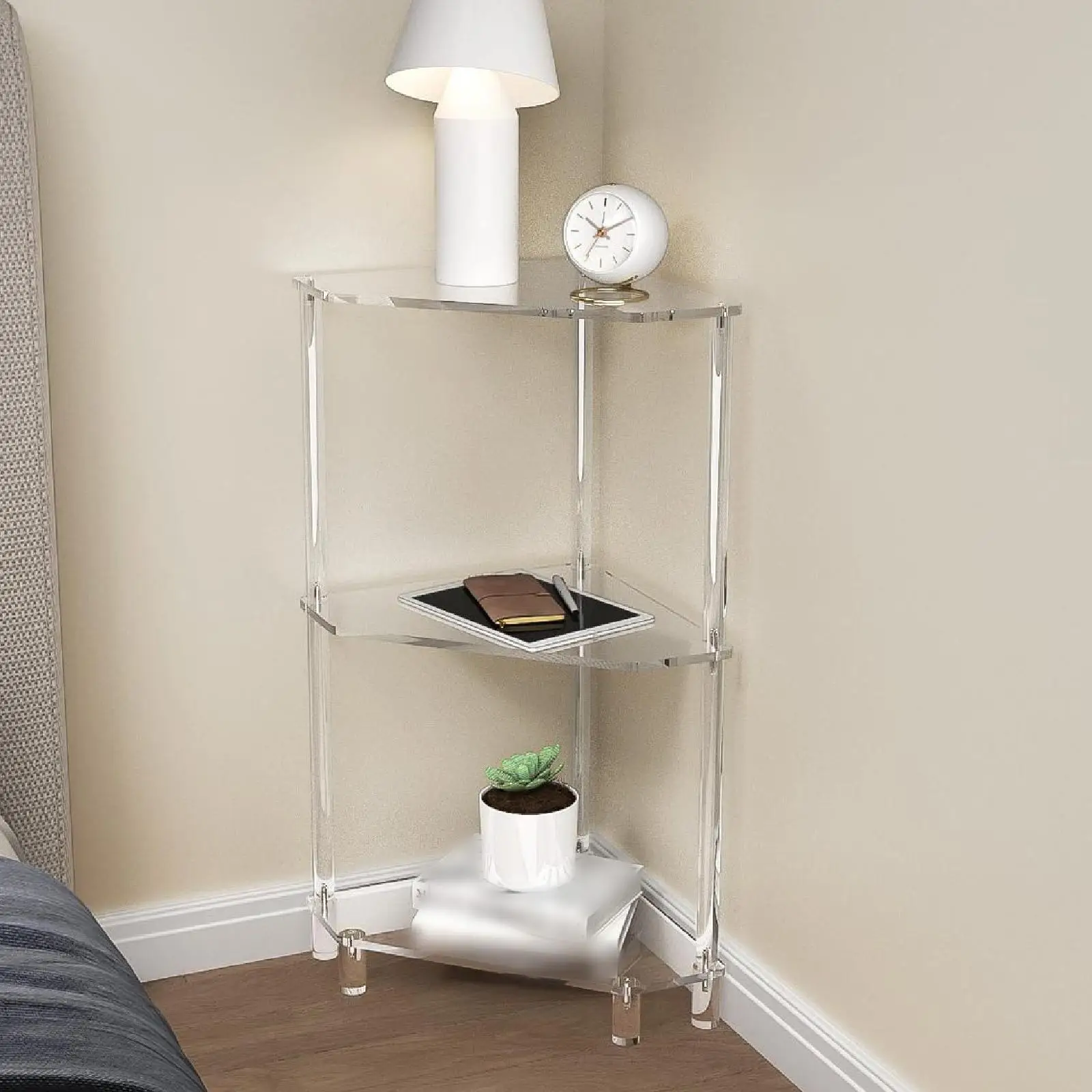 Acrylic Corner Side Table, Corner Shelf Stand, Easy to Clean End Table, 3 Tier for Home Bedroom Small Space Bedside Acrylic Corner Side Table, Corner Shelf Stand, Easy to Clean End Table, 3 Tier for Home Bedroom Small Space Bedside
