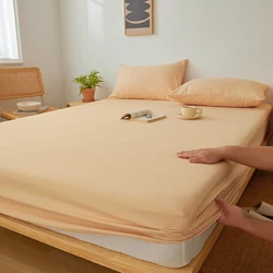 Cotton Elastic Fitted Sheet - Non-Slip Adjustable Mattress Cover - 2xPillowcase NOSHEET (Apricot)