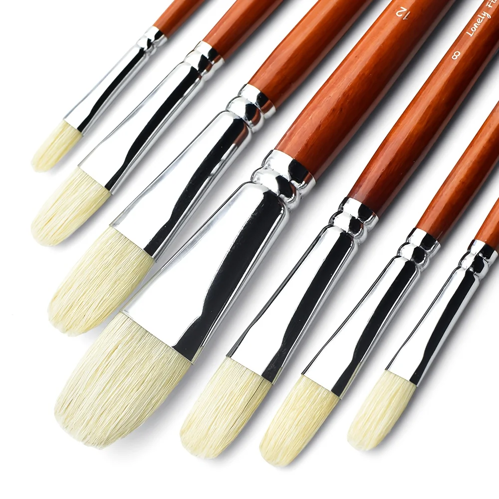7pcs Premium Anti-Shedding Natural Hog Bristle Paint Brush Set with Long Wood Handles - Filbert Tips for Acrylic & Oil Painting 3