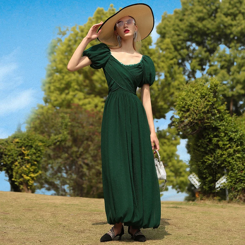 

Роскошное Летнее Длинное Платье с квадратным вырезом, женское облегающее платье с коротким рукавом, зеленое фотоплатье с пышными рукавами