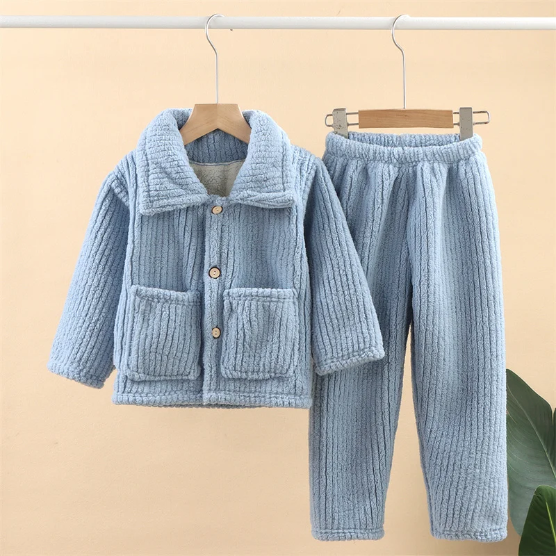 Kinder Flanell Pyjamas Sets Herbst Winter Teenager warm verdicken Nachtwäsche Anzug Homewear Kleidung Jungen Mädchen feste Pyjamas 2St