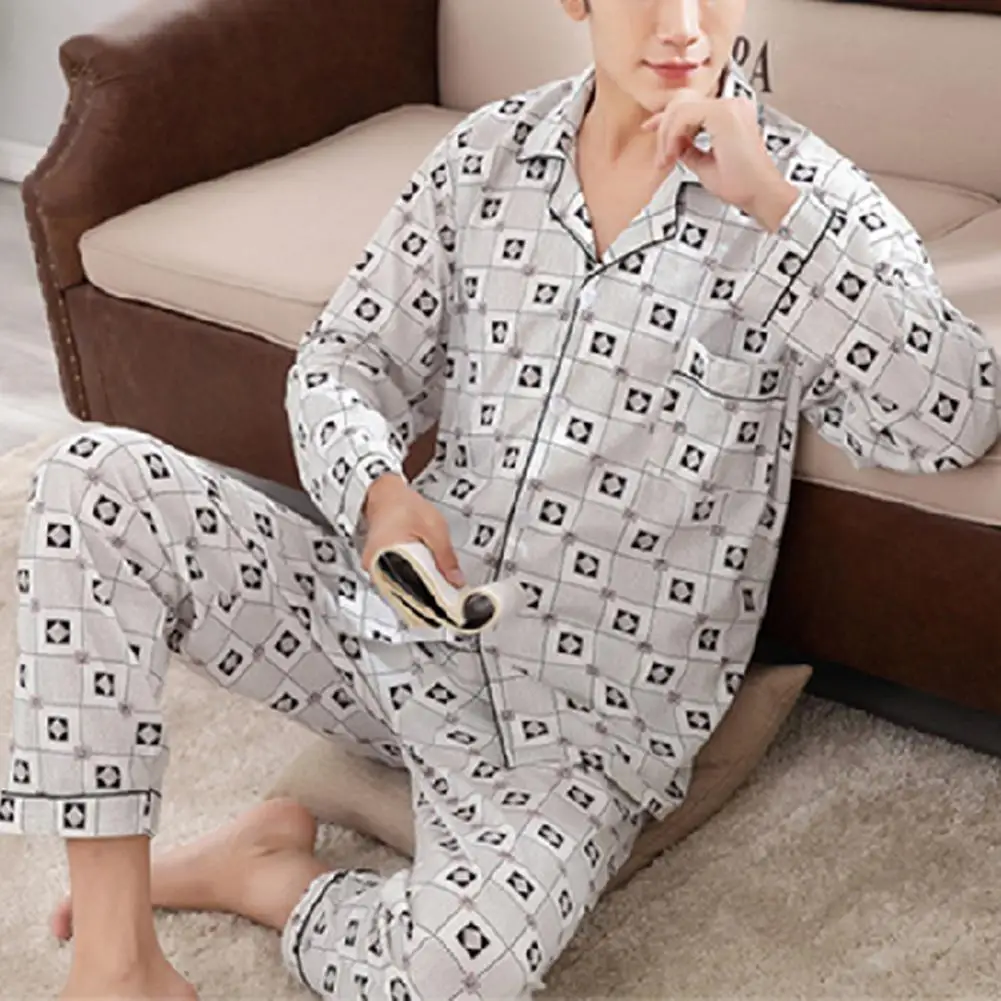 

2 Pcs/Set Trendy Men Nightclothes Set Button Closure Single-sided Men Sleepwear Set Male Blouse Pants Suit Sleep Clothing