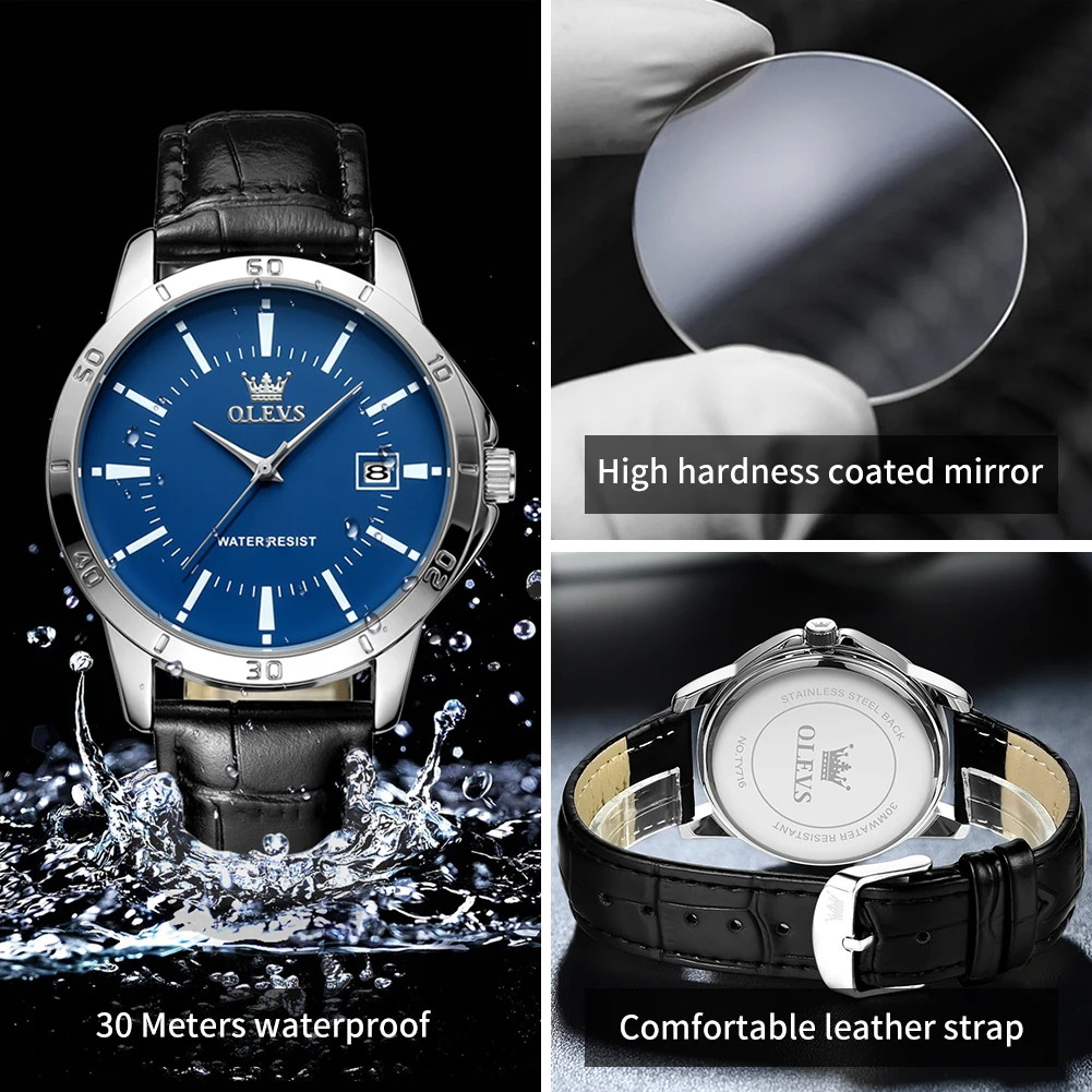 OLEVS TY716 Man Watch Fashion Leather Strap Waterproof Quartz Watch for Men Simplicity Calendar Original Luxury Men's Wristwatch 2