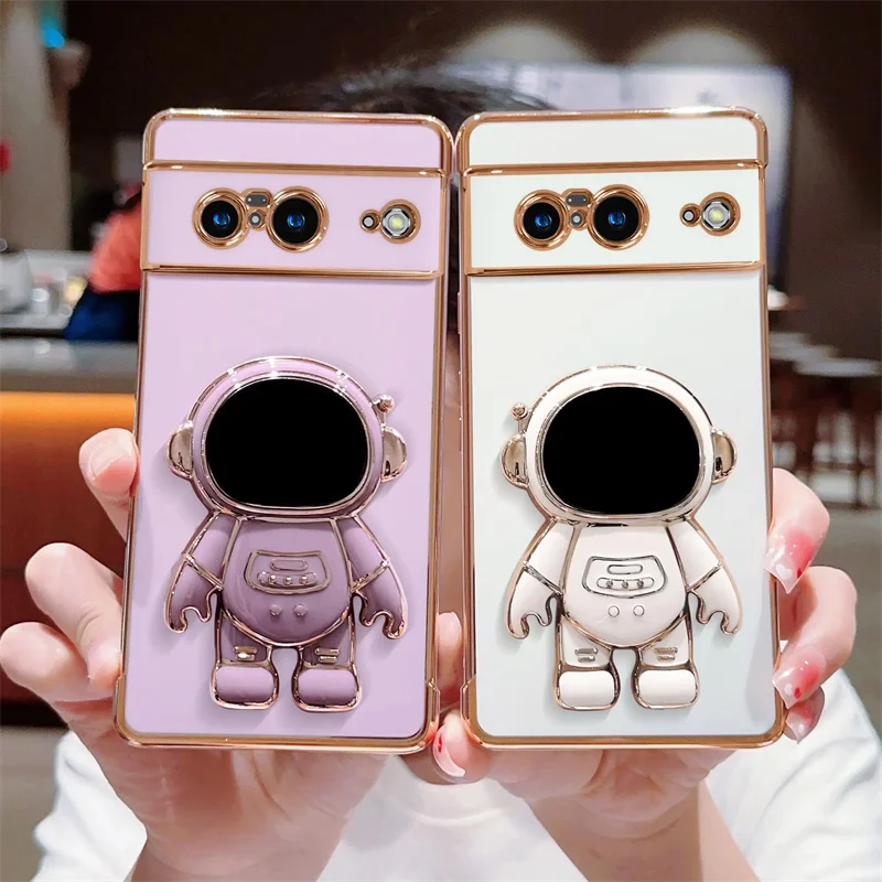 

Astronaut Case For Google Pixel 8 Pro Luxury Plating Soft Silicone Shockproof Phone Case For Pixel 8 Cute Stand Back Cover Funda