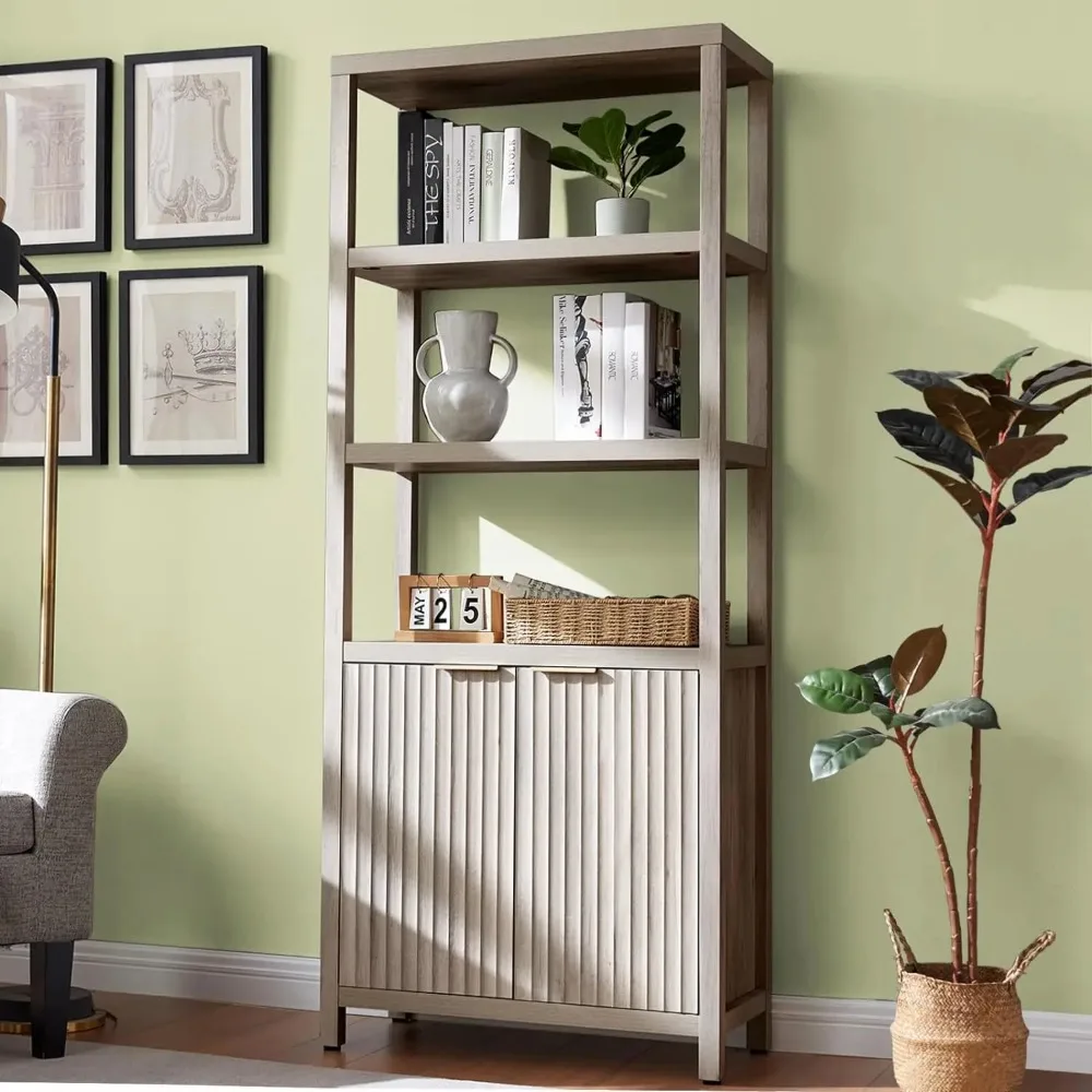 Oxford bookcase, high bookcase with door cabinet, 5-tier bookcase, large wooden bookcase with fluted panel, grey oak 6