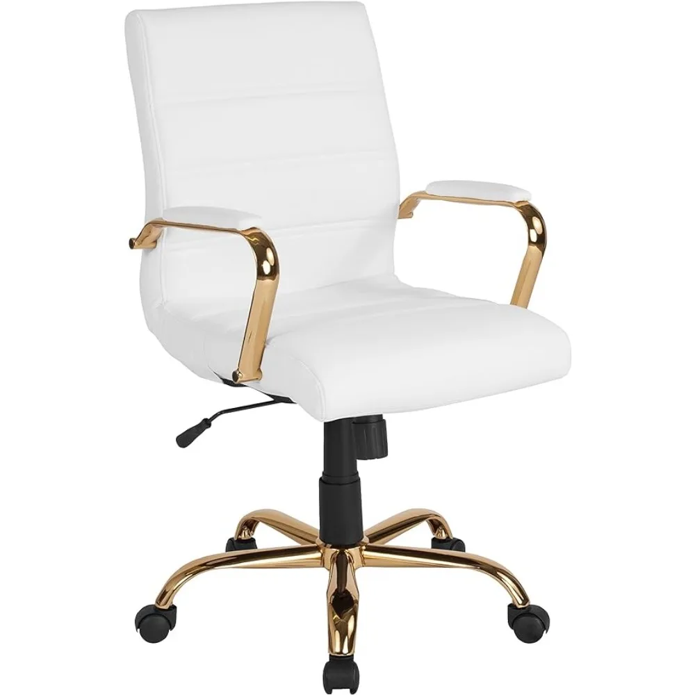 Relaxing Chair Whitney Mid-Back Desk - White LeatherSoft Executive Swivel Office With Gold Frame - Swivel Arm