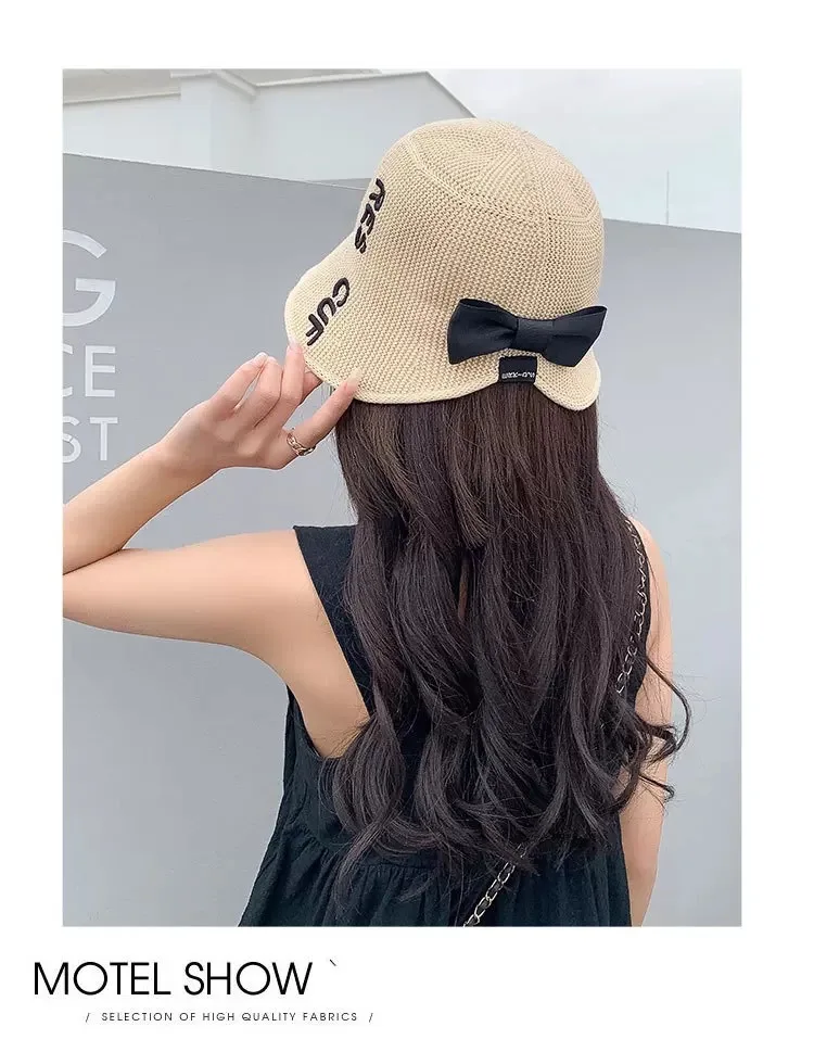 black bucket hat womens Spring and Summer Hat Lady Fisherman Hat Embroidered Letter Bow Bucket Hat Travel Sunscreen Bucket Hat fisherman hat