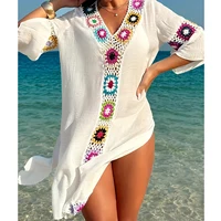 Fashion Style Hand Crochet Flower Block Beachwear Cover Up Beach Holiday Casual See-Through Dress Breathable Sunscreen Smock