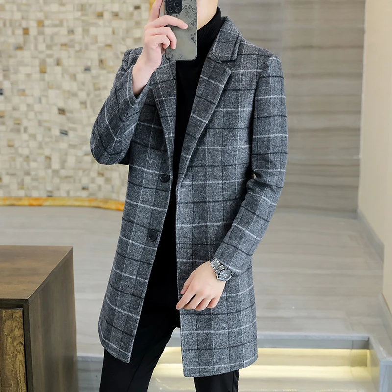Casual 2025 Cappotti di lana scozzesi di media lunghezza da uomo invernale Business Warm Top Cappotto Outwear Giacca a vento di lana addensata in cotone 4