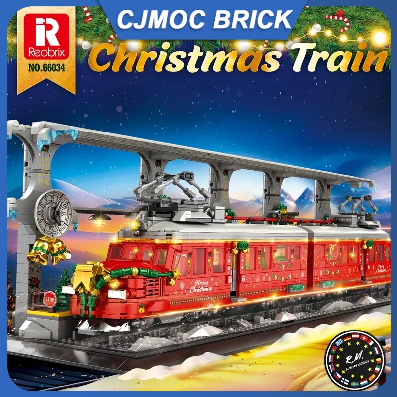 

Reobrix 66034 Christmas Train Station Decoration LED Light Building Blocks MOC Bricks Model Christmas Gift Toys For Kids
