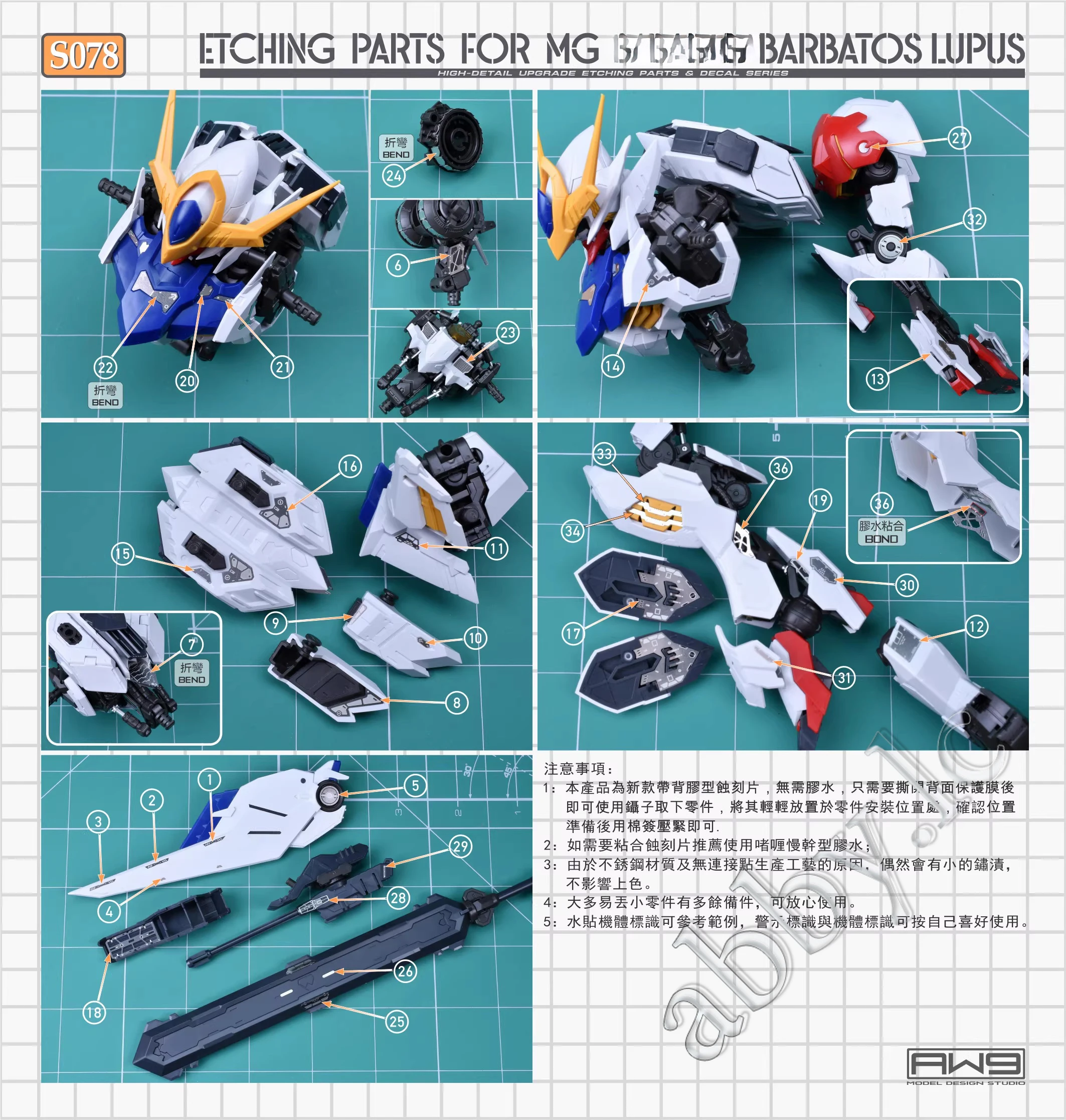 MG 1/100 ASW-G-08 바르바토스 루푸스 AW9 MADWORKS S78 메탈 디테일업 파츠 에칭 시트 마스터 그레이드 모델 아이언-블러드드 오프터즈