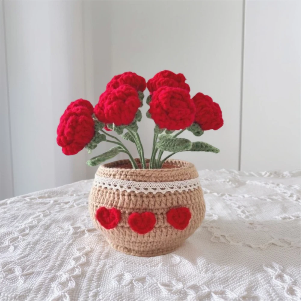 DIY Flower Potted Crochet Kit Cute Plants Hand-Knitted Tool for Kid (Red Rose)