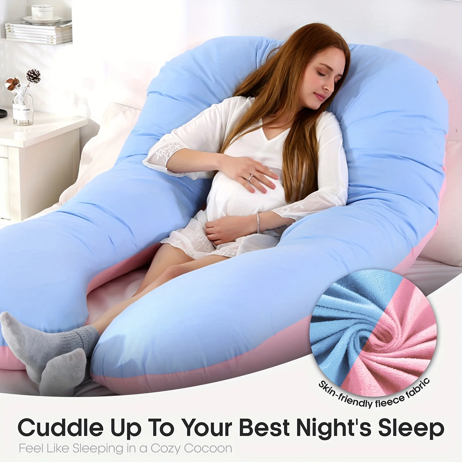 Full body pregnancy sleeping pillow in a U-shape design for maternity support.