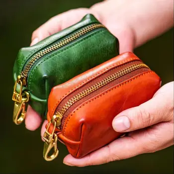 Portamonete retrò in vera pelle PU con cerniera, unisex, semplice e portatile, mini borsa porta carte e chiavi