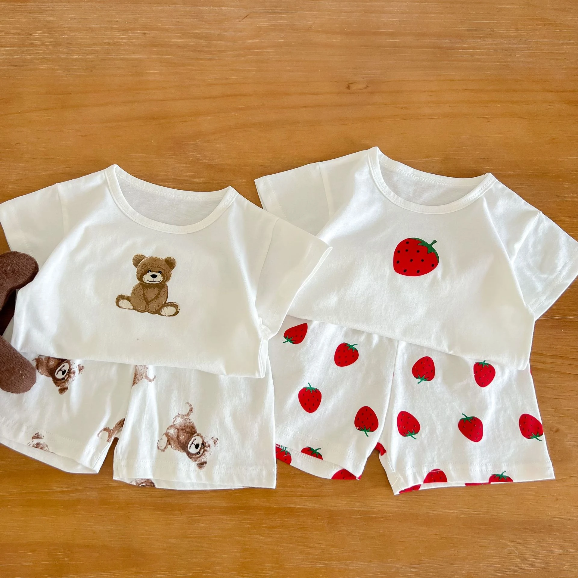 Baby Clothing Set best of sale Newborn Baby Girl Sweet Strawberry T-shirt Short Sleeves Tops And Cute Bear Loose Thin Comfortable Toddler Boy 2pc Set Baby Clothing Set comfotable