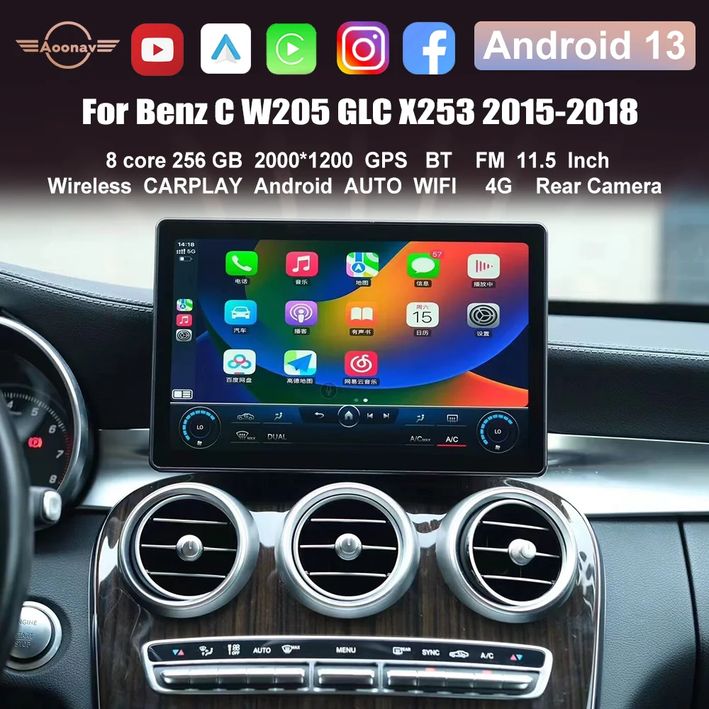 

11.5 Inch Android 13 Car Multimedia For Benz C W205 GLC X253 2015-2018 GPS Navigation Carplay Player Radio Stereo QLED Monitors