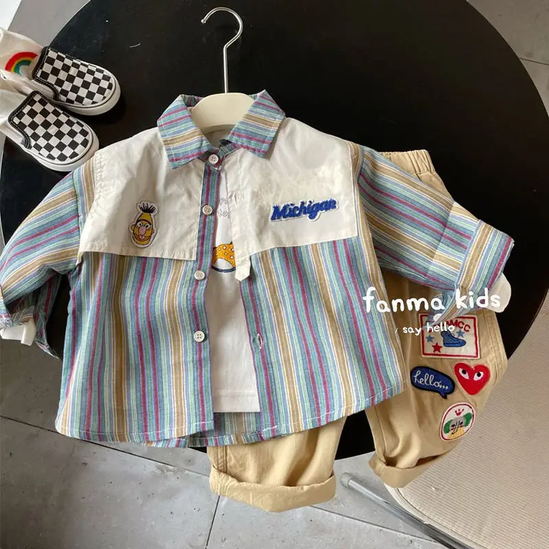 Toddler Boys Spring Autumn Striped Shirt New Children's Fake Two Piece PATCHWORK Top Baby Summer Shirt Children's Clothing