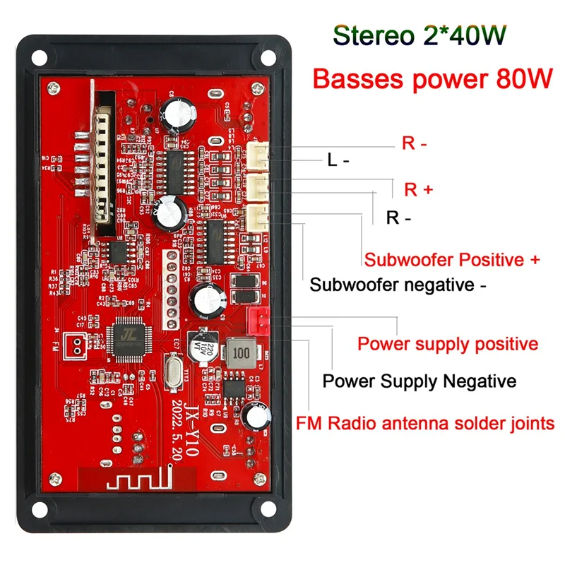 Bluetooth-Compatible5.0 자동차 FM 라디오 모듈, 앰프 베이스 MP3 플레이어 디코더 보드, 지지대 FM TF USB AUX, 2x40W, 80W