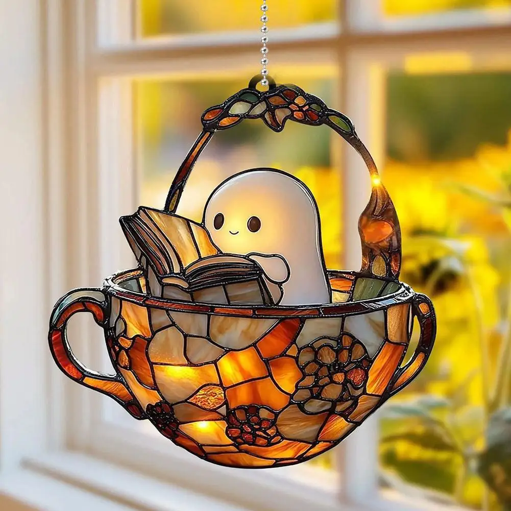 2D Flache Acryl Halloween Geist Lesebuch Suncatcher Hängen Dekor Hängen Dekor Anhänger Hause Handwerk Fenster Ornamente – Detail 8