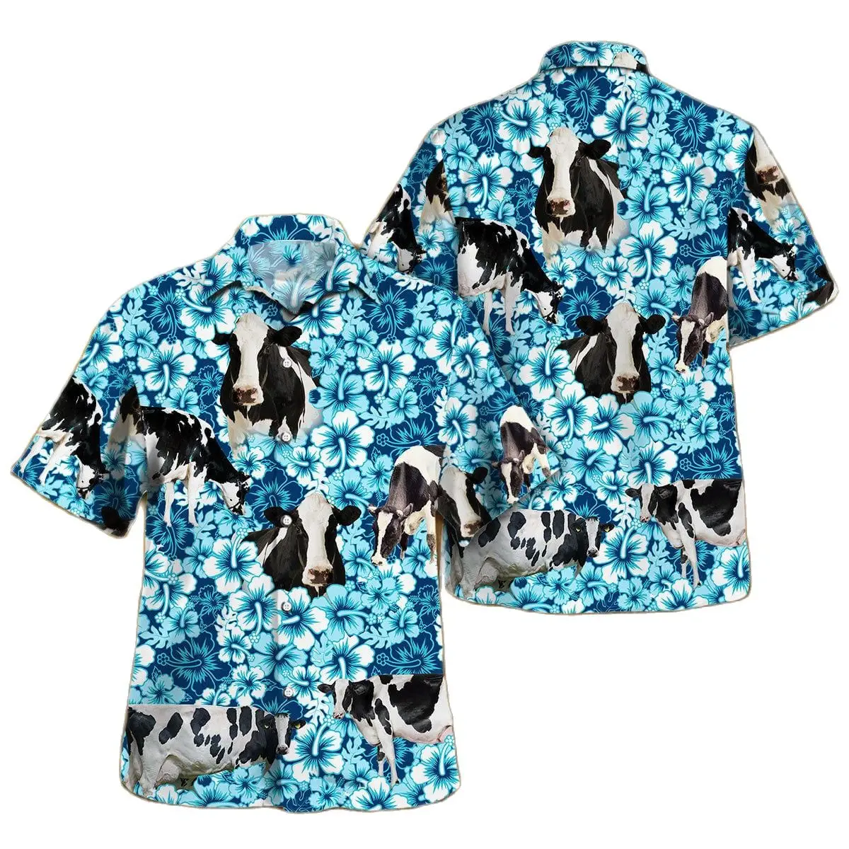Jumeast Holstein Blue Hibiscus Flowers Men Hawaiian Shirt Unisex Baggy Cutecore Nubian Goat Cow Beach Blouse Farm Cattle Clothes