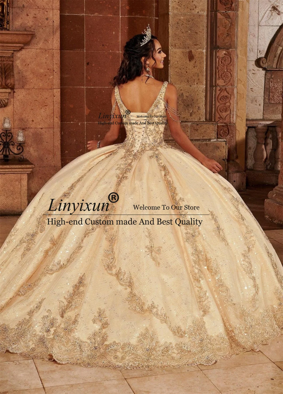 V Neck Cape Sequins Quinceanera Dresses Lace Appliques Princess Ball Gown Sweet 16 Dress Lace-Up Court Train Vestidos De 15 años