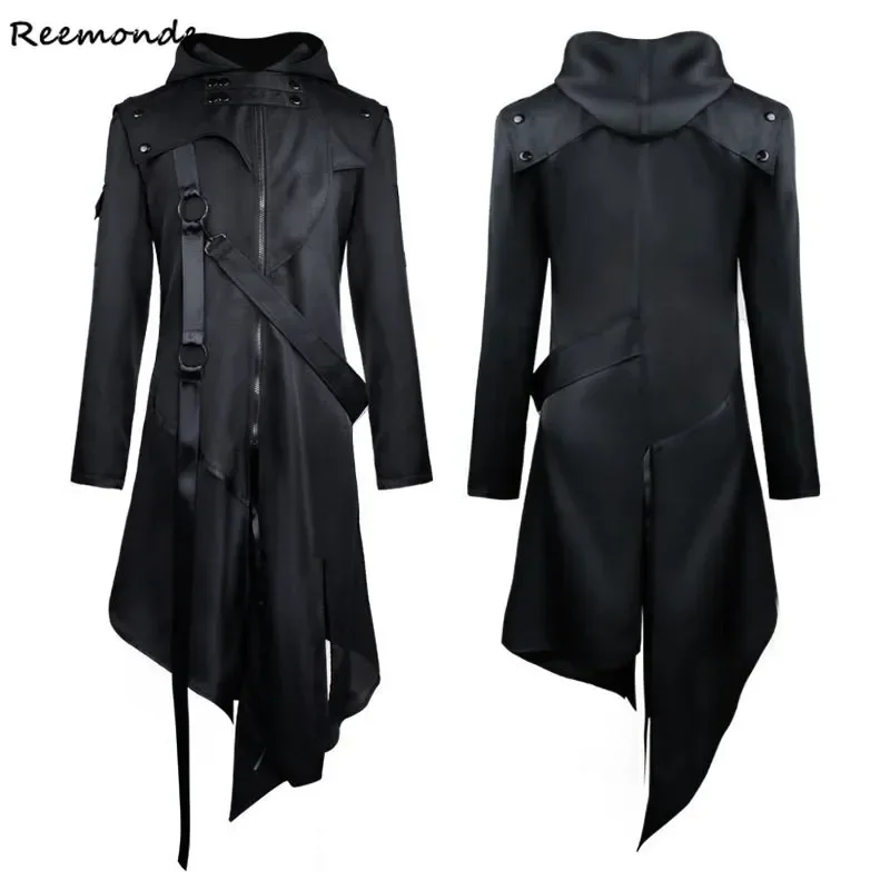 

Medieval Costume Men Victorian Gothic Trench Coat Steampunk Long Black Jacket Hoodies Irregular Design Overcoat Uniform Cos