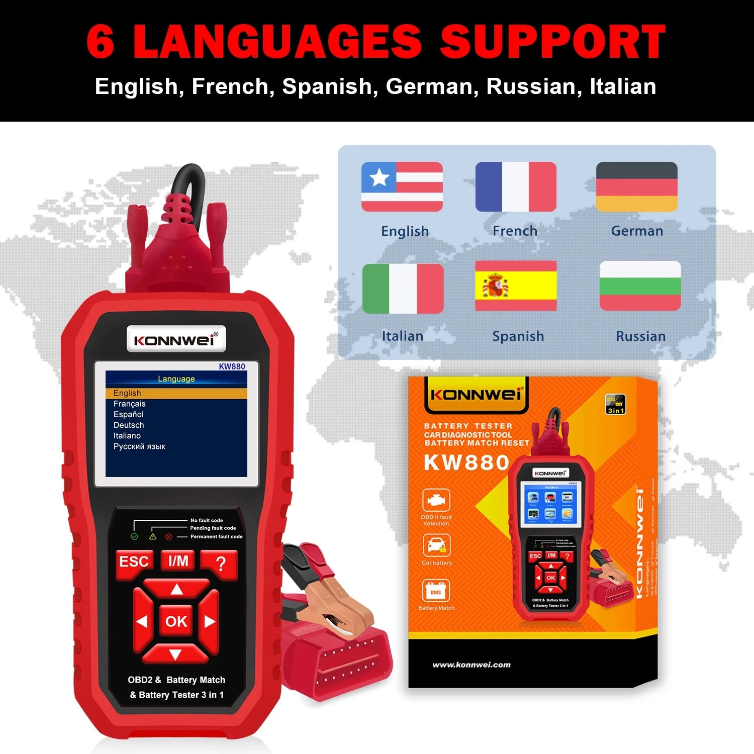 Konnwei Kw880 Tester Batteria Universale E Batteria Per Auto Match Scanner Diagnostico Per Guasti Obdii Per Auto Per Batteria Moto 6V-12V