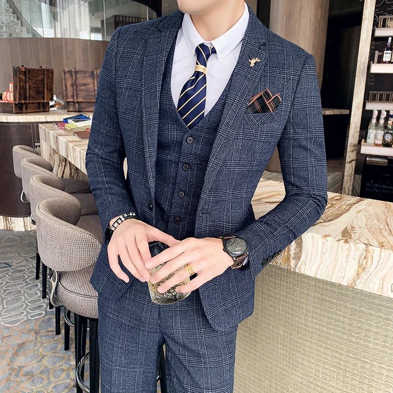 Mens Suit British Korean Modified Plaid Three-piece Suit