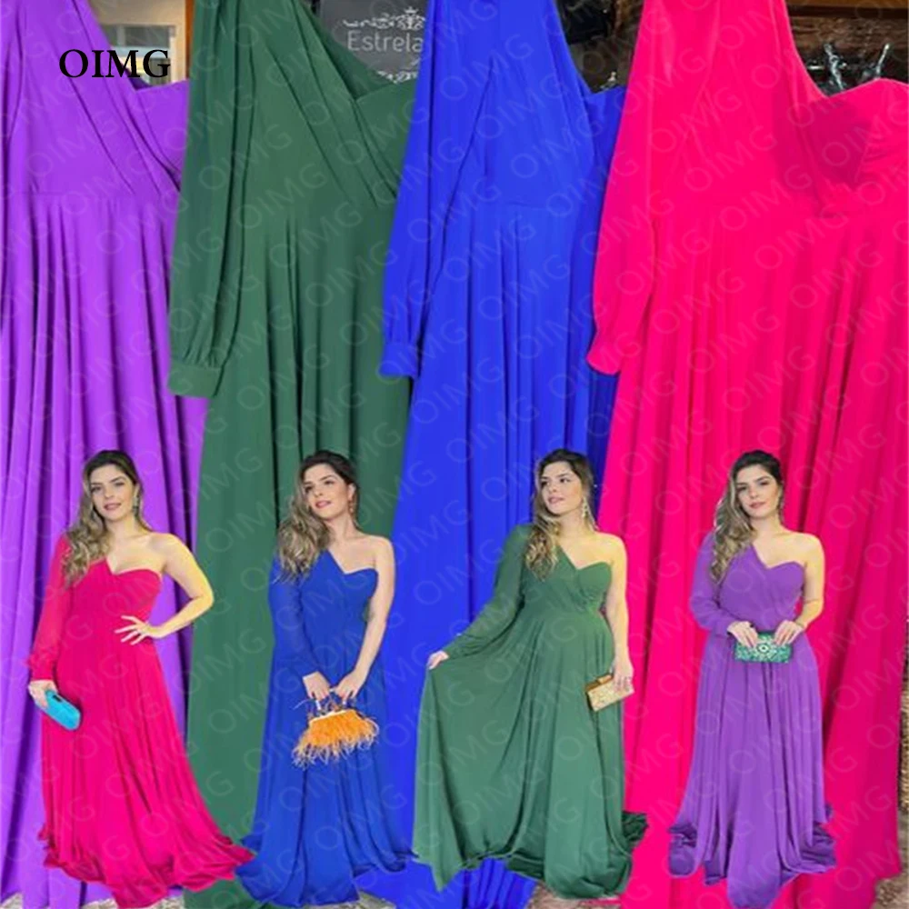 

OIMG Colorful Long Chiffon Formal Evening Dress A Line Custom Color One Shoulder Event Prom Gowns Night Club Dress Vestidos