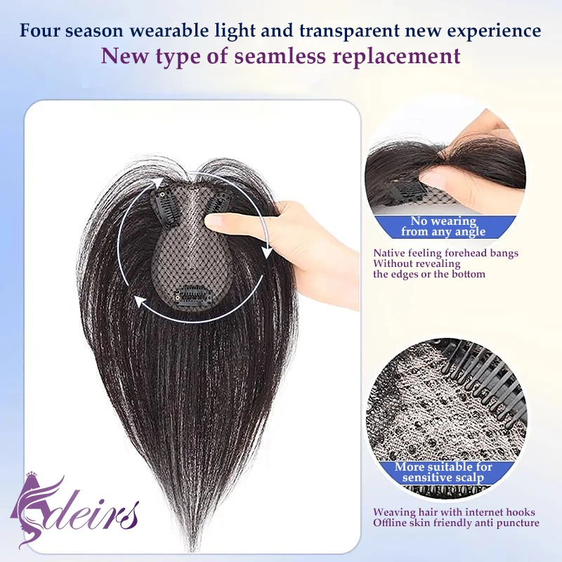 ADEIRS Topper Pezzo di capelli con frangia Topper di capelli umani Remy reali al 100% con capelli sottili Fermaglio per capelli castano naturale per le donne - immagine 2