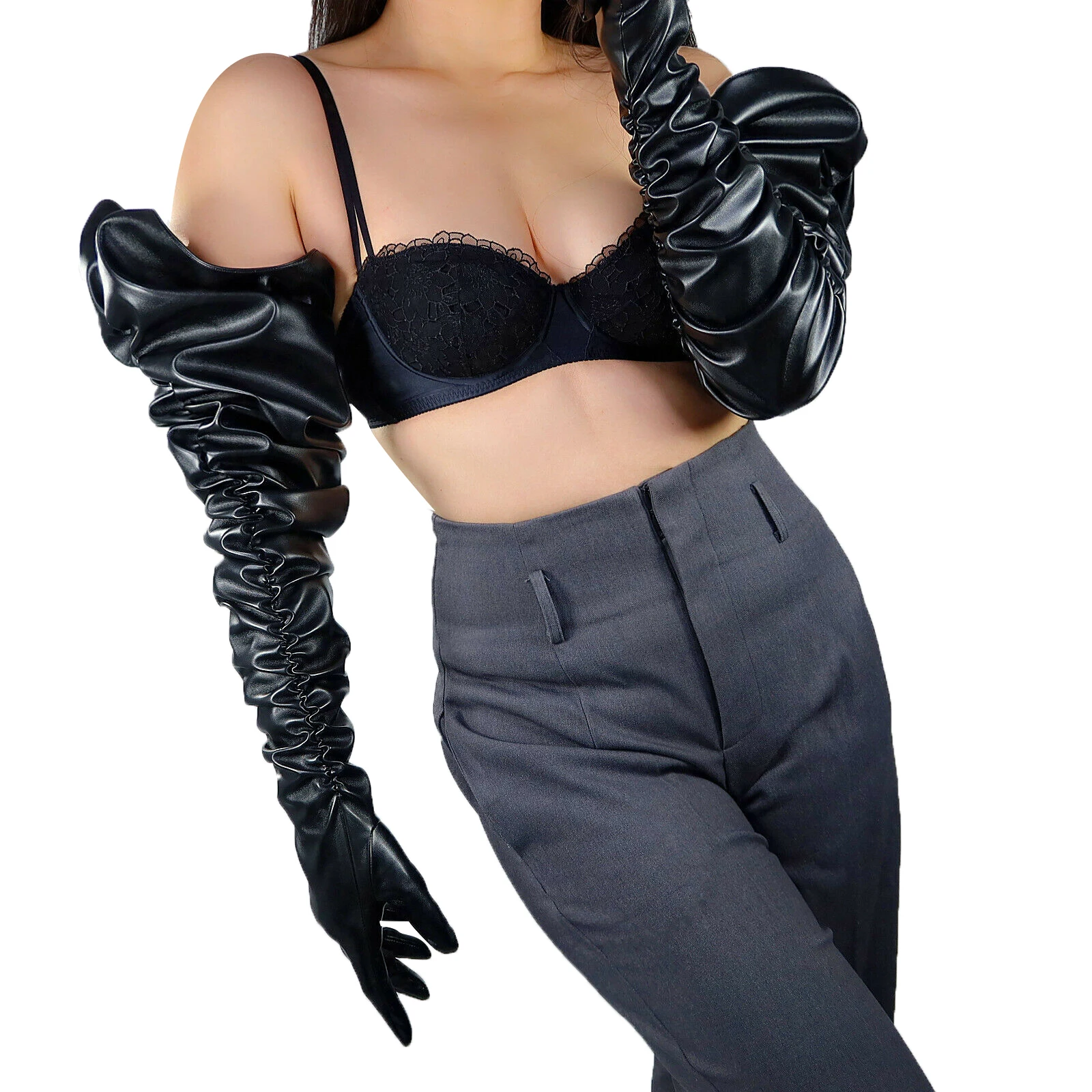 

DooWay Black Unisex Long Leather GLOVES Ruched Wide PUFF Sleeve Faux PU 100cm Halloween Cosplay Party Christmas Dressing Glove