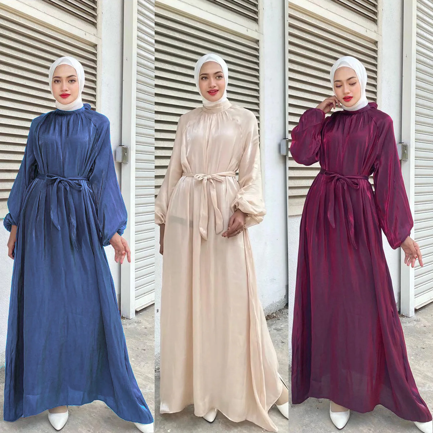 

Morocco Caftan Muslim Women Summer Dress Stand Collar Lantern Sleeve Evening Party Vestidos Robe Brief Solid Belted Long Dresses