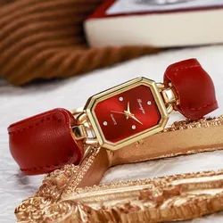 Elegant Minimalist Women's Leather Strap Watch - Water Resistant Bracelet Timepiece (Red)