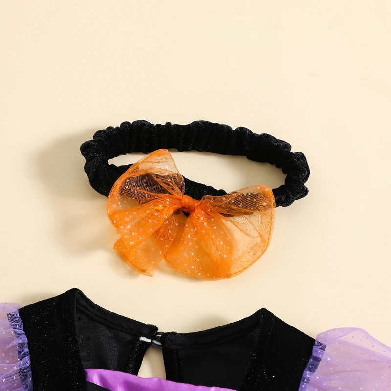 Baby Girl Dress Newborn Baby Girl Halloween Witch Costume Outfit Puff Sleeve Tulle Patchwork Romper Dress with Headband Halloween Clothes girls dress baby jumpsuit baby girl dress