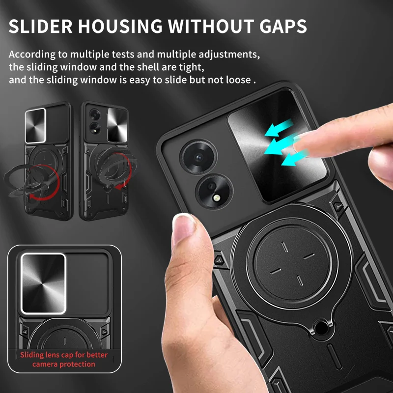 Enhanced Shockproof Armor Ring Holder Phone Case with Slide Lens Protection