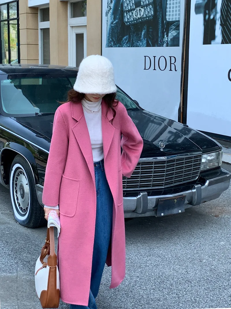 thumbnail image 1 of Abrigos de lana de lujo hechos a mano para mujer, de invierno 2022, de lana de doble cara, 100 % de diseño extra largo, abrigos coreanos para mujer, abrigos rosas, 1 of 5