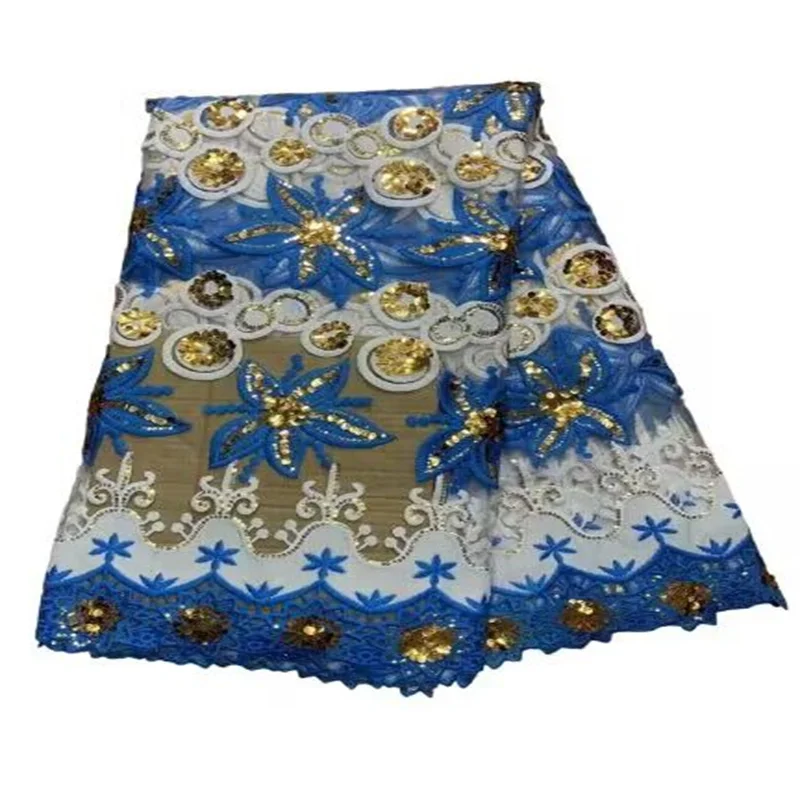 

Blue/Gold/White French Sequins Tulle Lace Fabric Embroidery Nigerian Mesh Lace Fabrics 5 Yards African Lace Fabric For Wedding