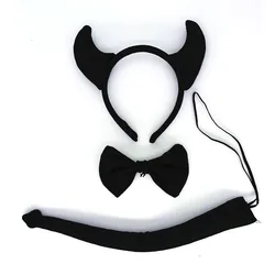 Black and Red Demon Horn Hairband and Tail Set - Devil Costume Accessories for Parties and Celebrations (Black 3pcs set)