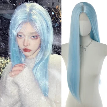 Elegante Parrucca Lunga Blu Sintetica 6.5*9.5 in Pizzo, Capelli Lisci in Fibra Resistente al Calore per Donne, per Cosplay, Uso Quotidiano, Halloween, Feste di Natale
