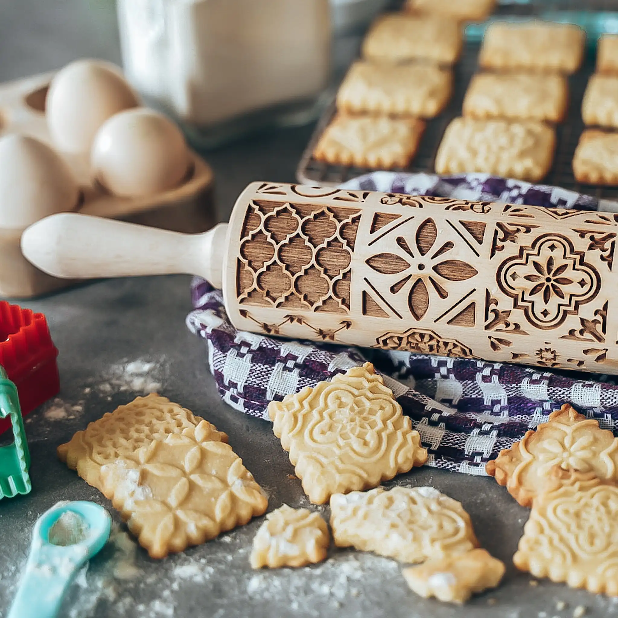 printing Rolling Pins Rock Snowflake Elk Wooden  Embossing Baking Cookies Biscuit Fondant Cake Patterned Roller 35*4.5cm