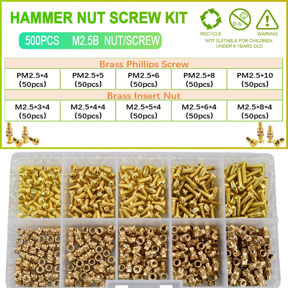 Description Picture 6 of itemM2 M2.5 M3 M4 M5 Brass Heat Thread Insert Nut and Phillips Cross Round Head Screw Set Knurled Hot Melt Inject Nuts and Bolts Set