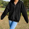 Autumn Fleece Hoodie Solid Color Hooded Korean Fashion Sweatshirts Long Sleeve Top Drawstring Pockets Loose Zipper Black Hoodies 6