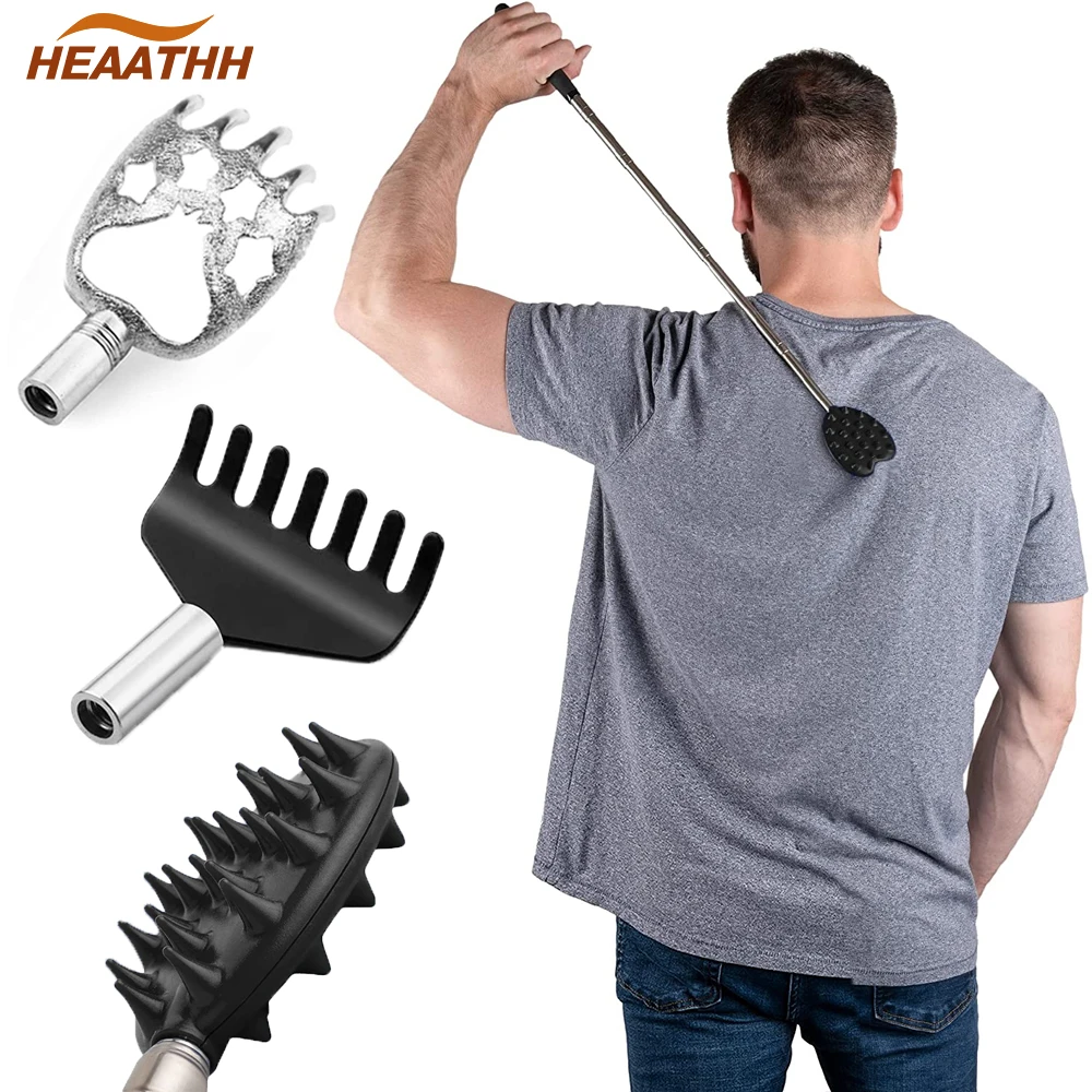 Telescoping Back Scratcher Massager with 3Pcs Detachable Scratching Heads, Bear Claw Rake Extendable Scratcher for Scratching