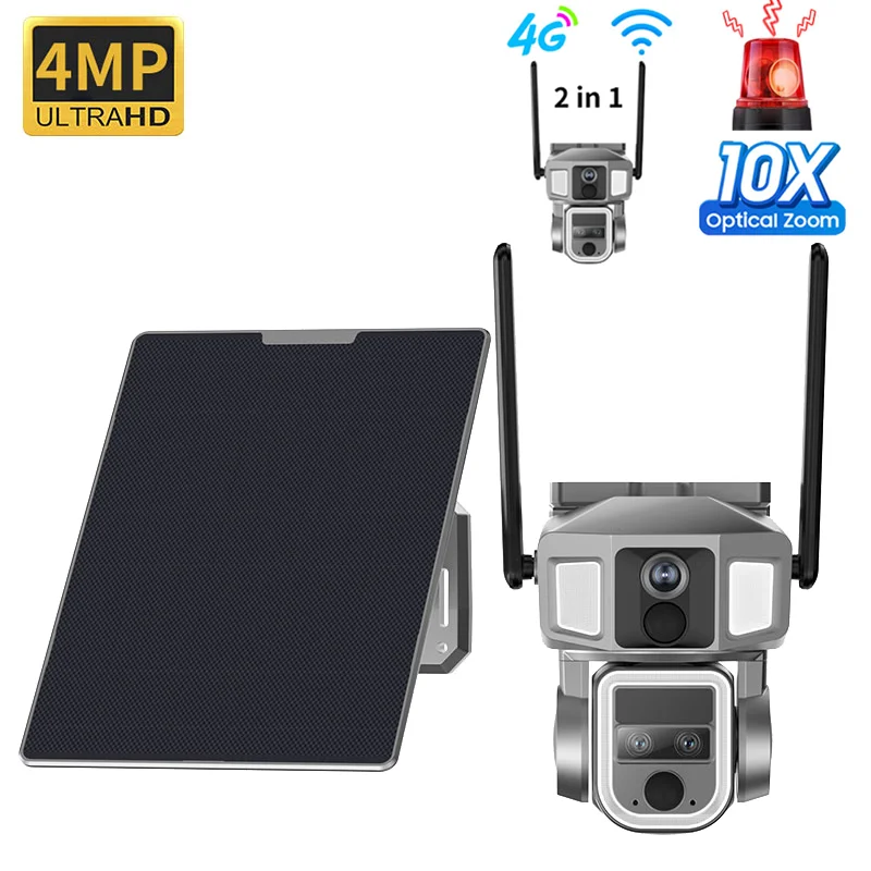 4G & WIFI 2 in 1 Security IP Camera 3K Dual Lens 6MP Outdoor 10X Zoom Monitor SIM Card PTZ Solar Camera with 12000MAH Battery