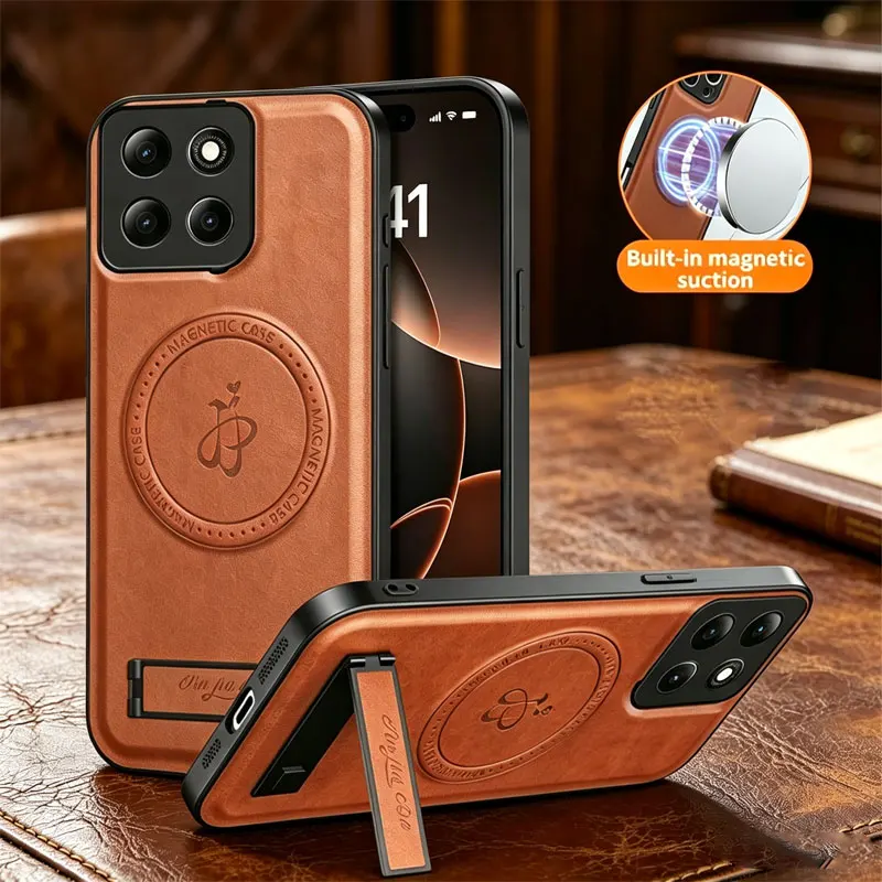 Leather Magnetic Stand Case with Wireless Charging & Shockproof Camera Protection