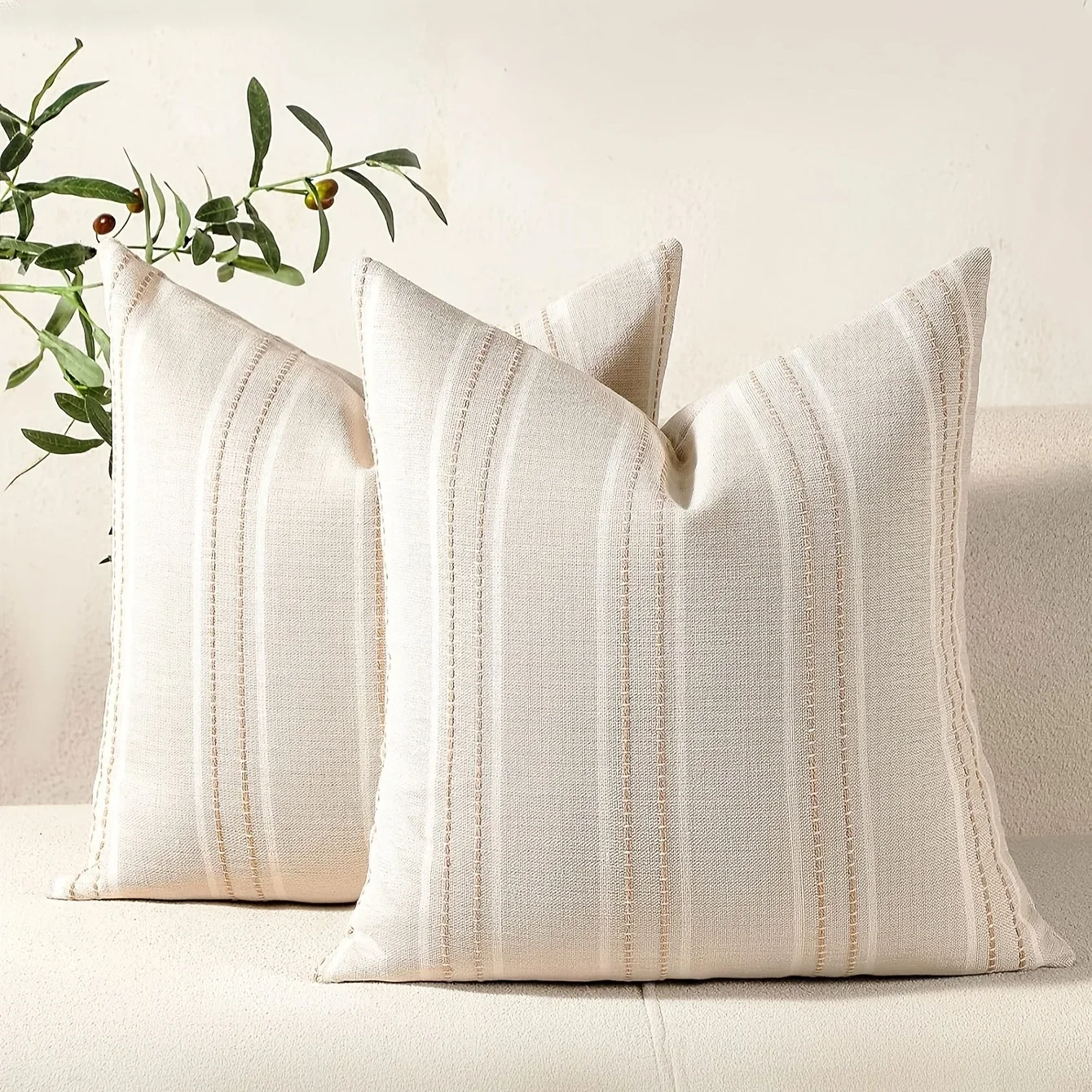 Bohemian Farmhouse Linen Throw Pillow Covers in Beige and White with Stripe Patterns – Elegant Decorative Cushion Cases for Sofa and Living Room Decor